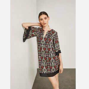 BCBGMAXAZRIA Tati Floral-Embroidered Boho Relaxed Fit 3/4 Sleeve Shift Dress